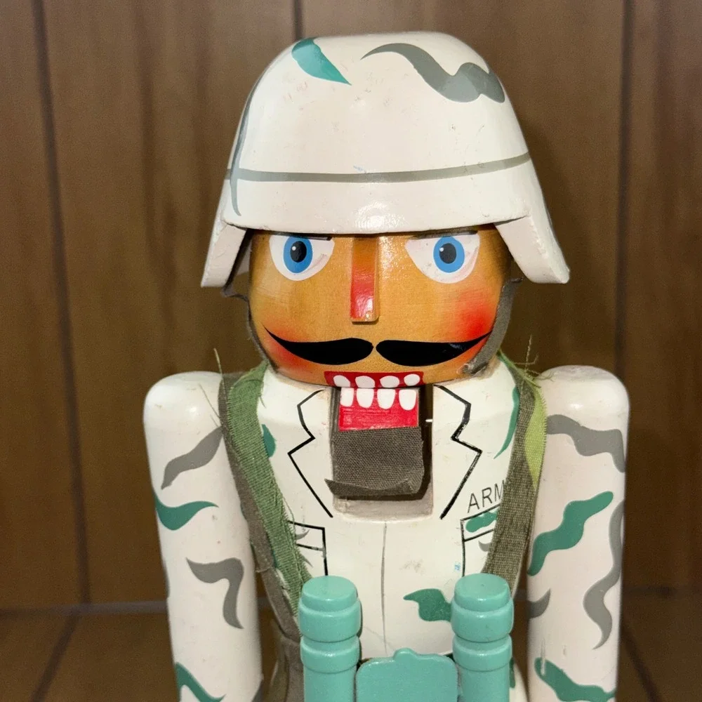 Vintage Wooden Army Soldier Nutcracker Desert Camo Military Decor 14.5 Inch